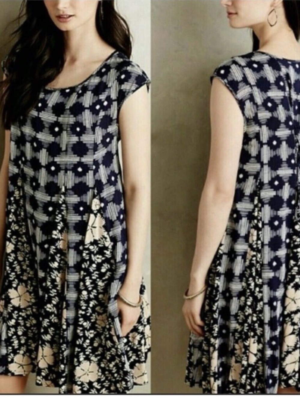 Maeve Anthropologie Indiga Swing Dress Blue Ikat Lace Up Back Tassel Size S